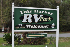 Welcome Sign at Fair Harbor RV Park and Campground